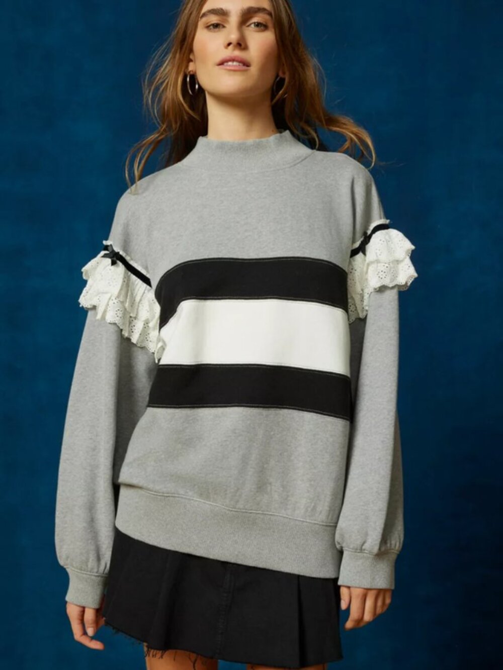 BDG Emory Ruffle Pullover Sweatshirt Mock Neck Long Sleeve Gray Tunic Top L